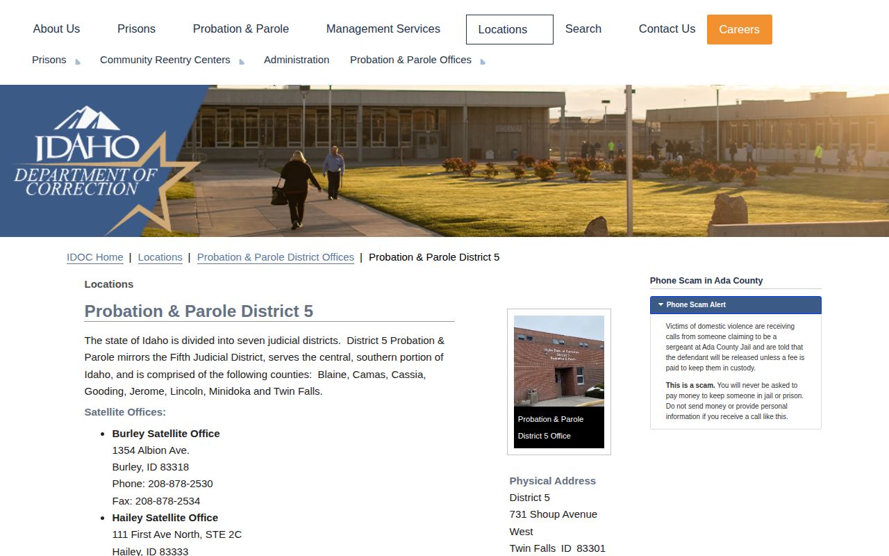 IDOC District 5 office page serving Jerome County
